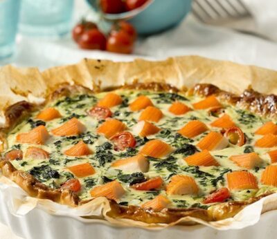 Quiche de espinacas, dados Krissia y tomates cherry