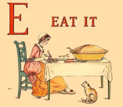 Letra E, de Eat, en inglés, y mujer comiendo