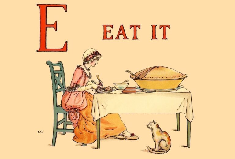 Letra E, de Eat, en inglés, y mujer comiendo