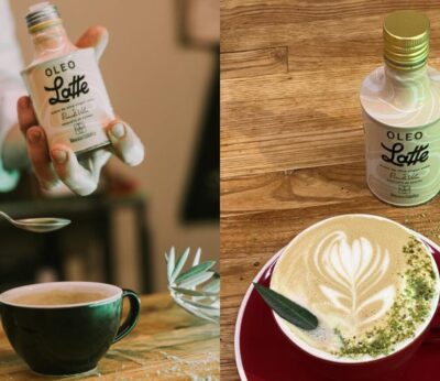 This is Oleo Latte, the olive oil designed by Ricardo Vélez to make a different kind of coffee