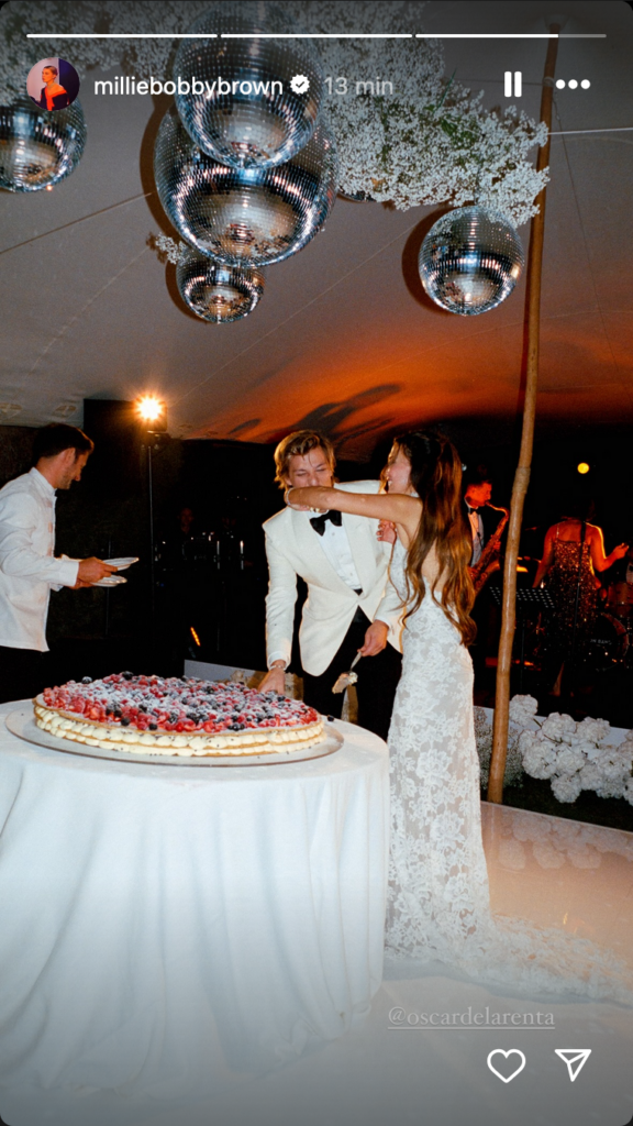 millie bobby brown wedding reception dress reveals image of her colossal cake millie bobby brown wedding