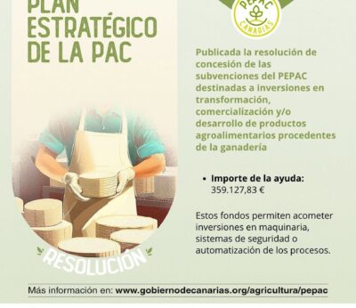 Canarias concede 360.000 euros subvenciones del PEPAC para el desarrollo de productos agroalimentarios de ganadería