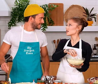 Ariana Grande y Jonathan Bailey preparan pizzas para el NY Times